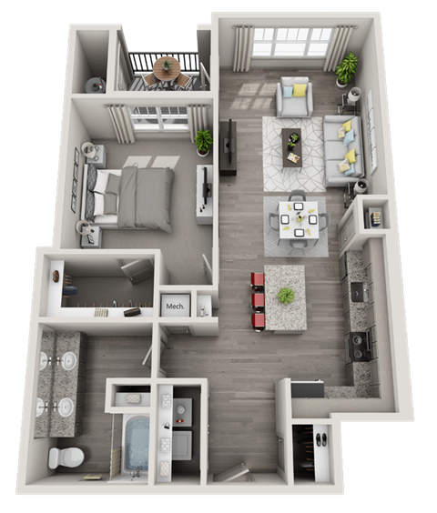 Floor plan for 1 bed, 1 bath, 885 sqft